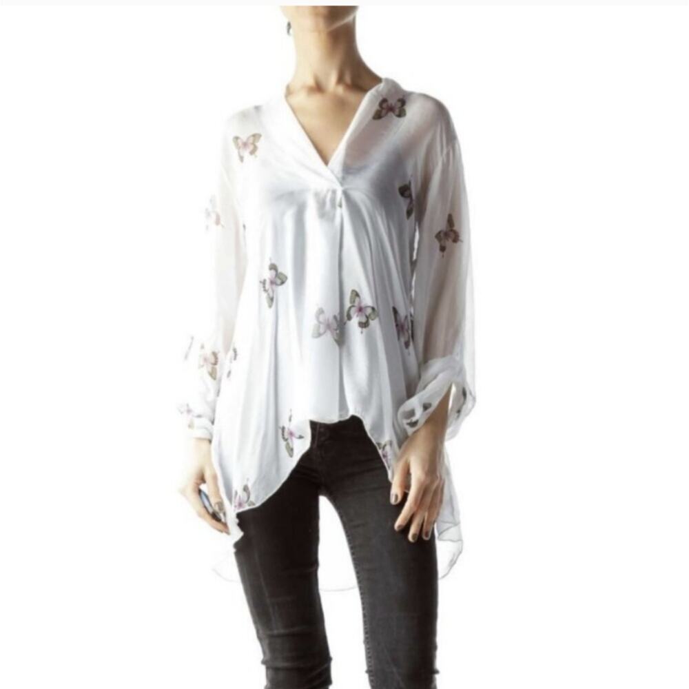 Lola Made in Italy White Butterfly Print Sheer Blouse Size Small
